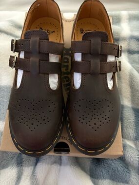 Dr. Martens Brown Double-Strap Mary Jane Shoes with Yellow Welt Stitching
